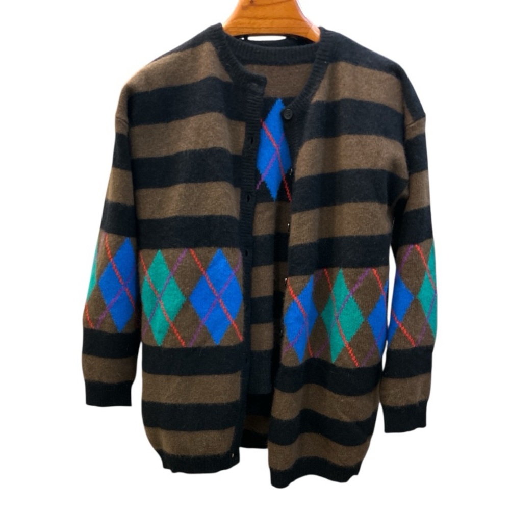 Lambswool Angora Crewneck & Cardigan Sweater Set Diamond Vintage Striped Medium